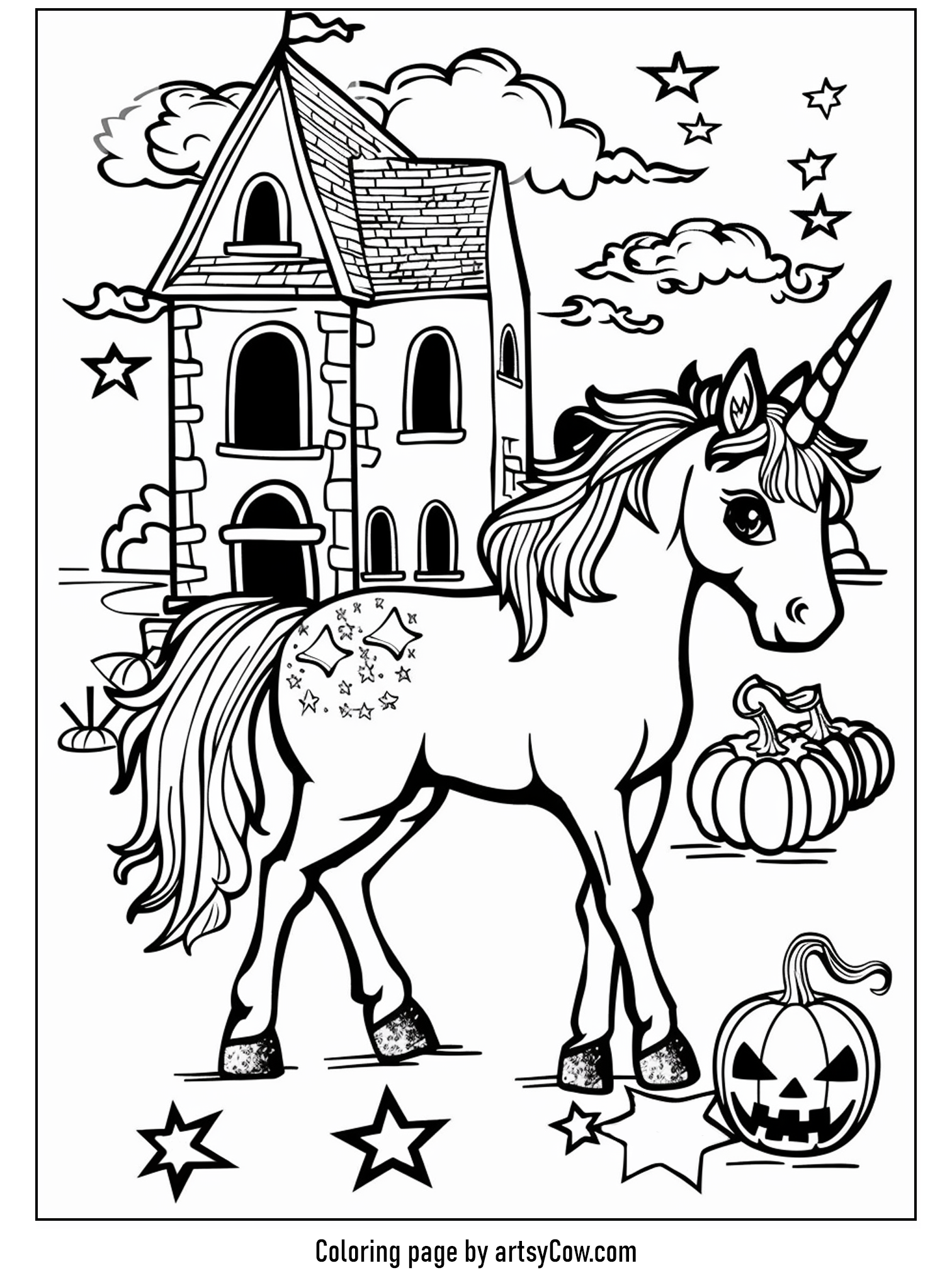 halloween coloring pages with unicorn, featuring a unicorn standing in front of a spooky haunted house, decorated with stars and clouds in the night sky.